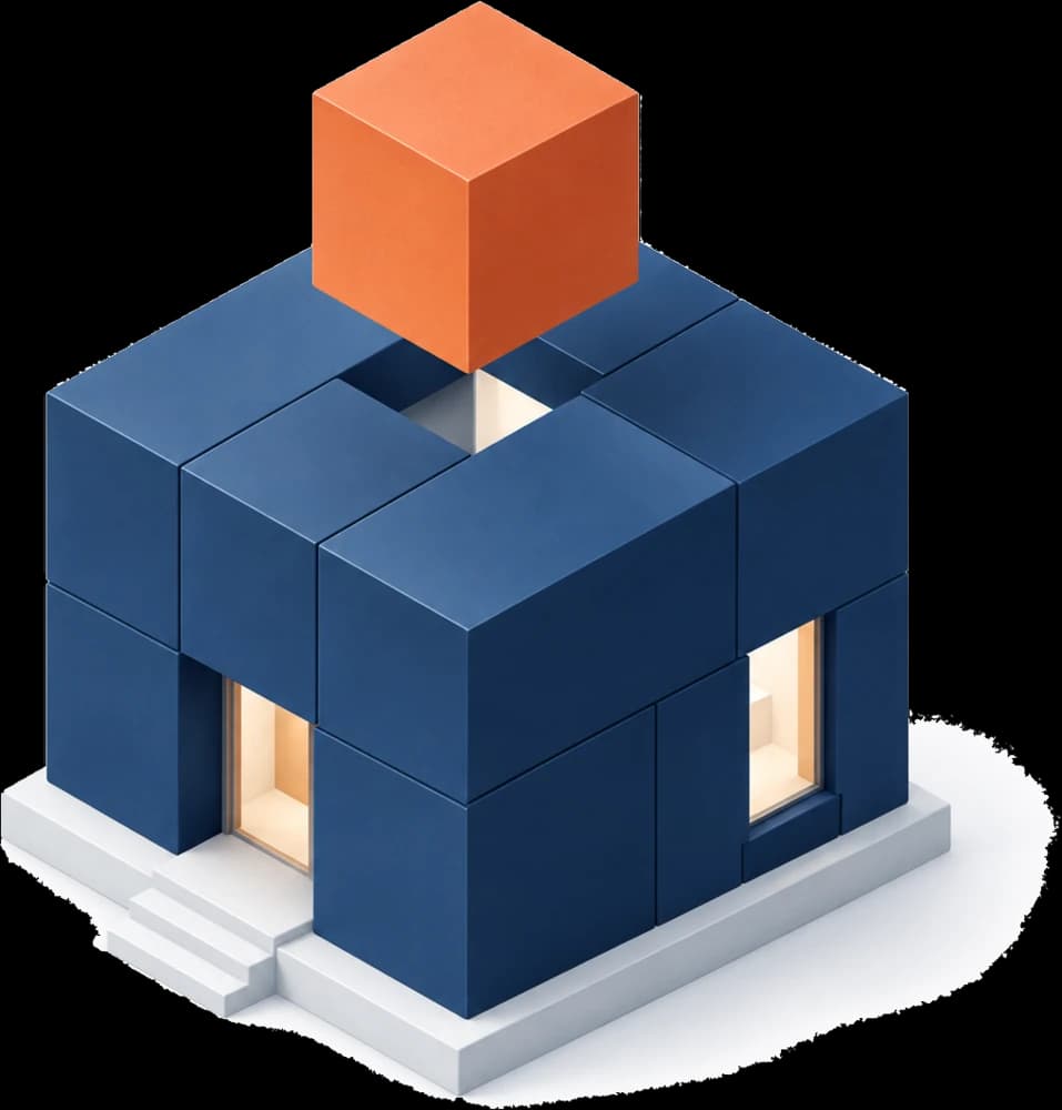 A final orange block fits into an assembled blue structure.