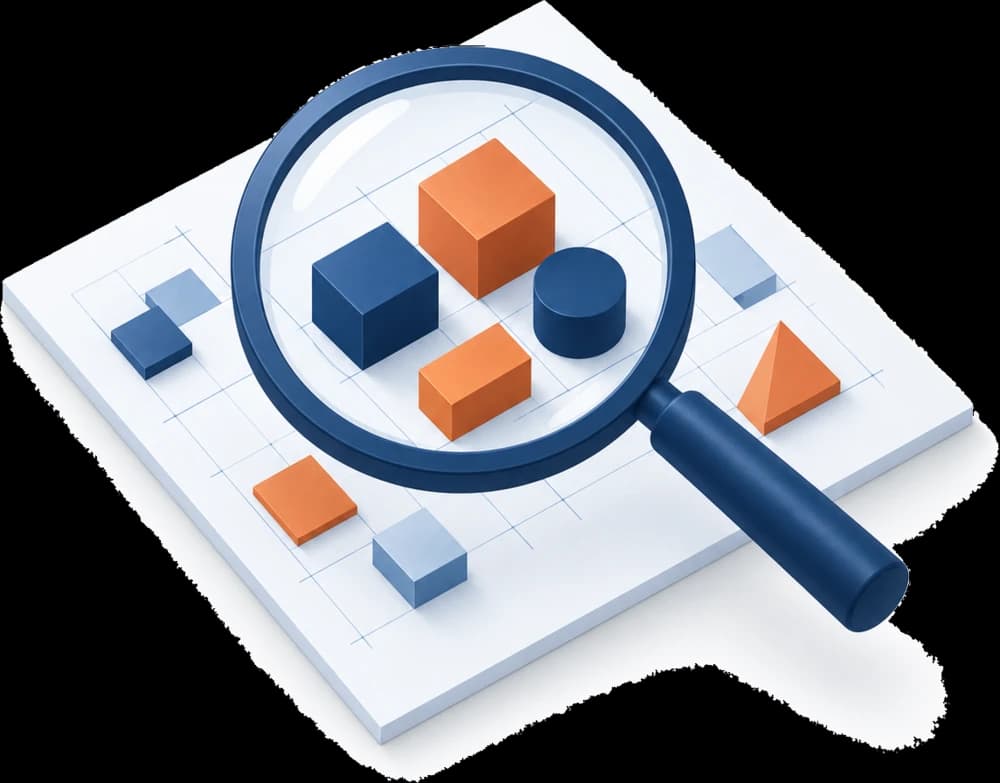 A magnifying glass examines a group of connected pieces on a plan.